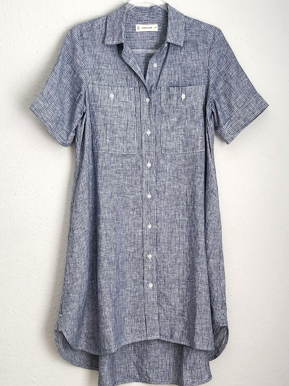 EVERLANE The Daytripper Chambray Striped 100% Flax Linen Button Up Dress XXS
